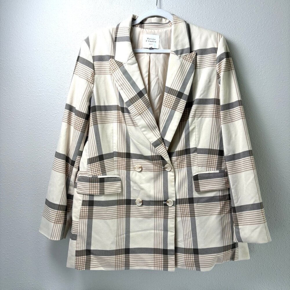 Maison d'Amélie Blazer Womens XL Tan Brown Plaid Double Breasted Jacket